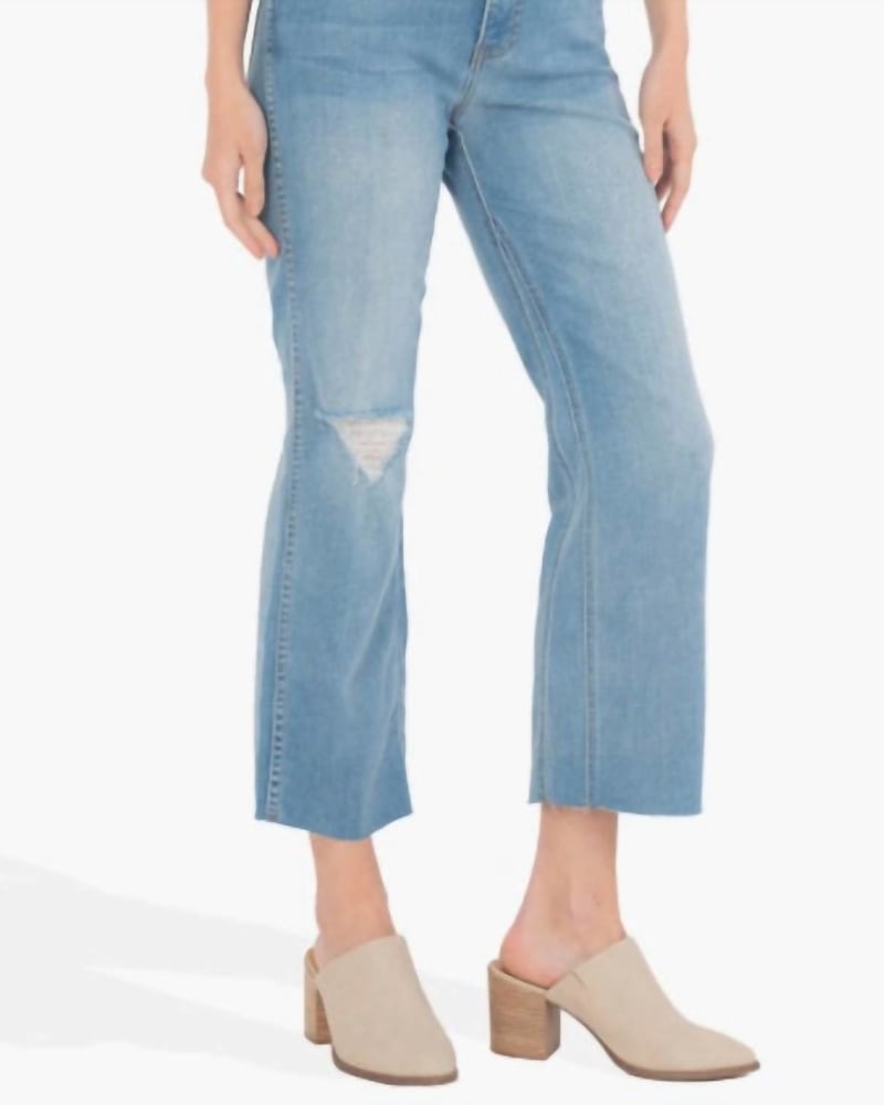 Front of a model wearing a size 10 Kelsey High Rise Fab Ab Ankle Flare In Ascend in Ascend by Kut From The Kloth. | dia_product_style_image_id:360732